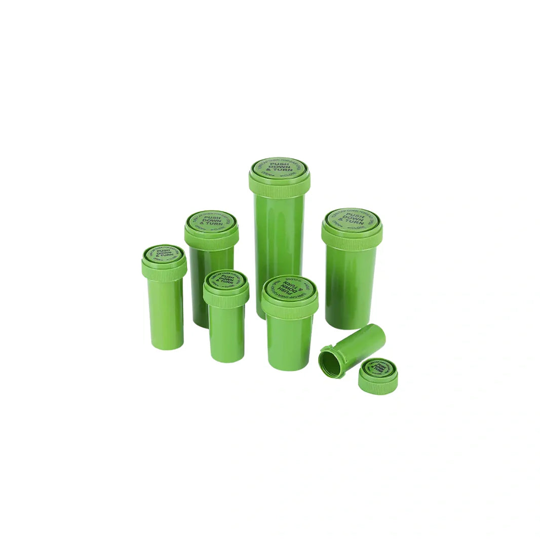 image 13 dram push turn reverse cap bottles green