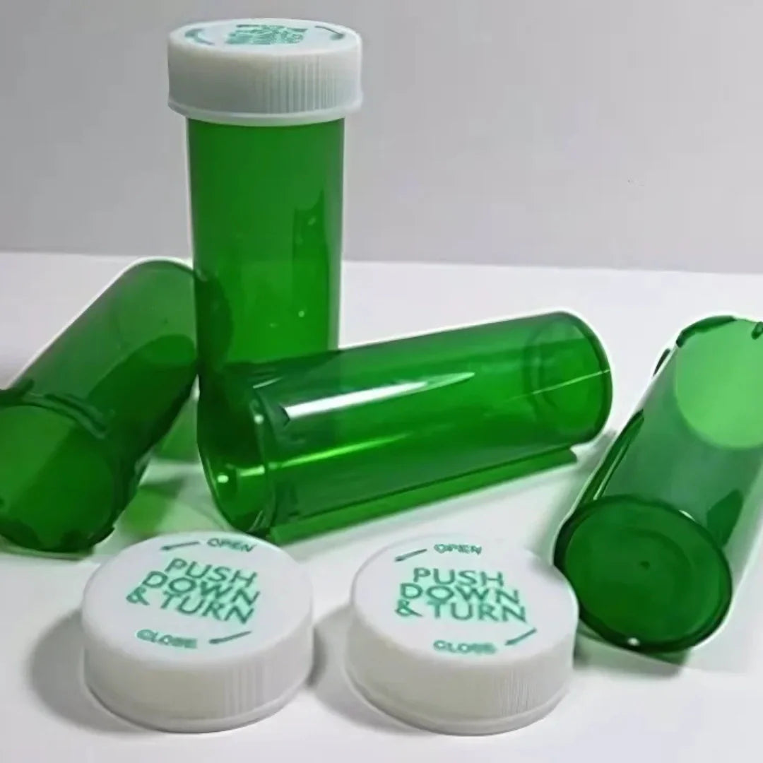 20 dram push turn cr bottles green