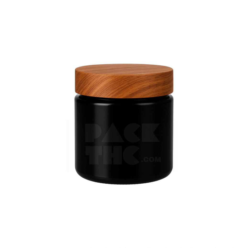 4OZ BLACK SCREW TOP GLASS JAR 
WITH WOODEN SMOOTH LID - (100 COUNT) Pack THC