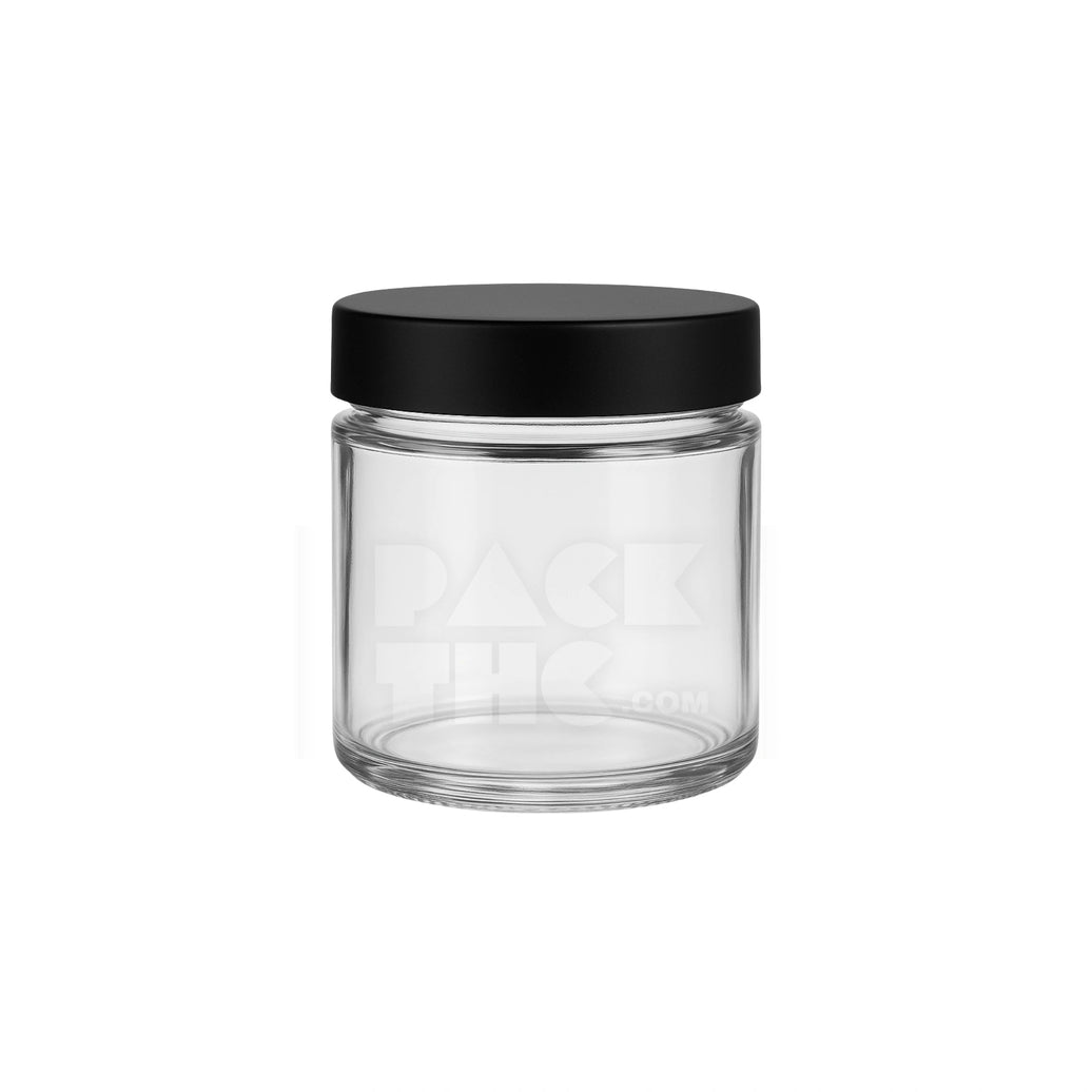 4OZ CLEAR SCREW TOP GLASS JAR 
WITH MATTE BLACK SMOOTH LID - (100 COUNT) Pack THC