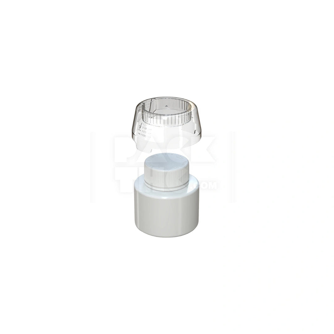 image 250ML AVIATOR CR BASE BOTTLE WITH INTERGRATED LINER &TAMPER EVIDENT BREAK-OFF BAND & DOSING CUP (OPAQUE WHITE BOTTLE, OPAQUE WHITE CLOSURE WITH CLEAR NATURAL DOSING CUP) - (120 count) Pack THC
