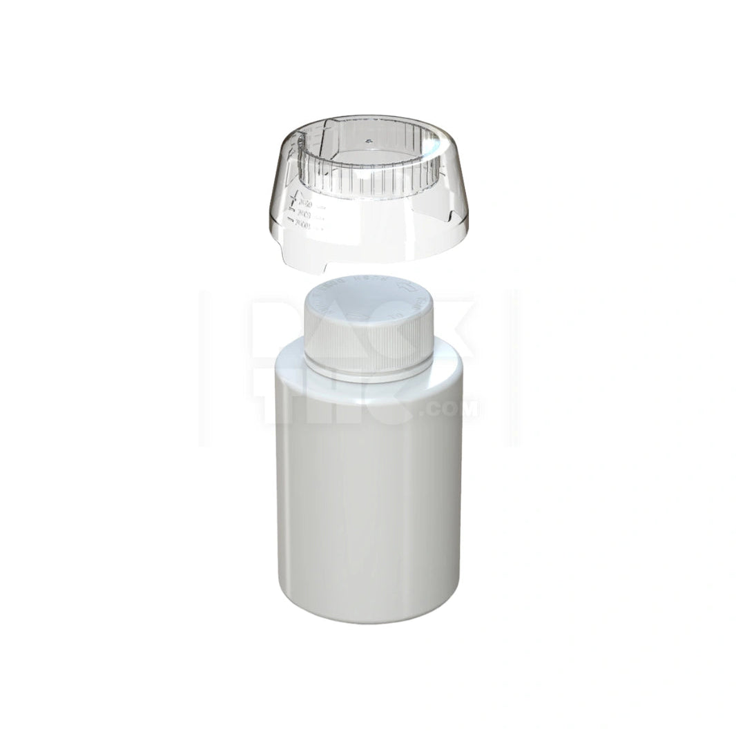 image 500ML AVIATOR CR BASE BOTTLE WITH INTERGRATED LINER & TAMPER EVIDENT BREAK-OFF BAND & DOSING CUP (OPAQUE WHITE BOTTLE, OPAQUE WHITE CLOSURE WITH CLEAR NATURAL DOSING CUP) - (60 count) Pack THC