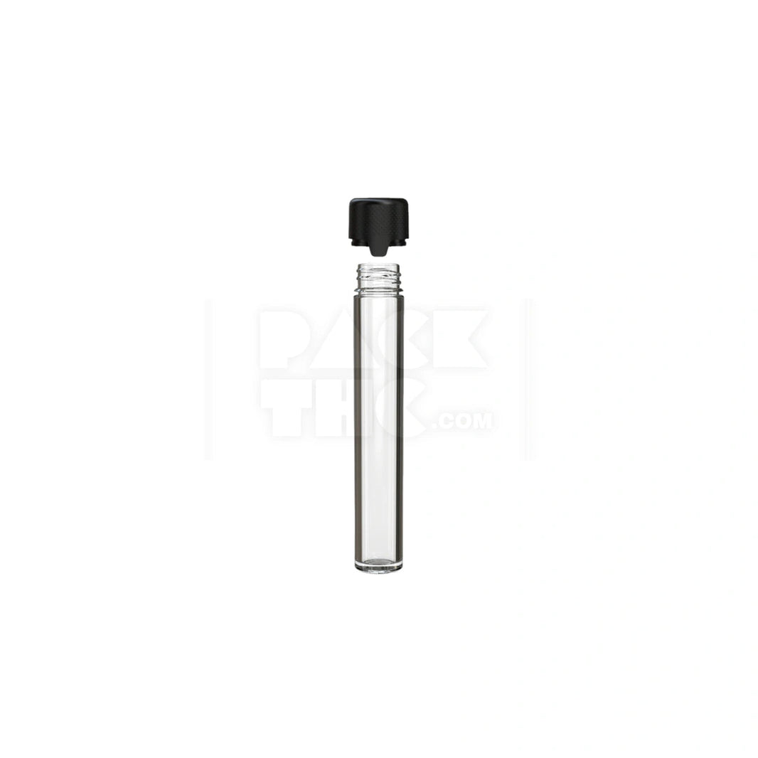 image 115MM AVIATOR TUBE FLAT BOTTOM WITH INTEGRATED LINER & TAMPER EVIDENT BREAK-OFF BAND (CLEAR NATURAL TUBE WITH OPAQUE BLACK CLOSURE) - (500 count) Pack THC