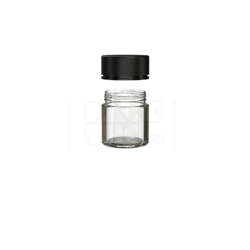 2OZ (60CC) SPIRAL THICK-WALL CR CONTAINER WITH INTEGRATED LINER & TAMPER EVIDENT BREAK-OFF BAND (CLEAR NATURAL CONTAINER WITH OPAQUE BLACK CLOSURE) - (150 count) Pack THC