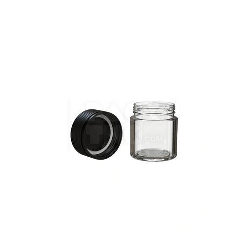 2OZ (60CC) SPIRAL THICK-WALL CR CONTAINER WITH INTEGRATED LINER & TAMPER EVIDENT BREAK-OFF BAND (CLEAR NATURAL CONTAINER WITH OPAQUE BLACK CLOSURE) - (150 count) Pack THC