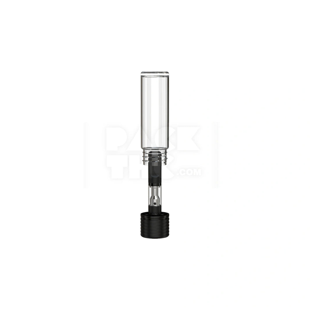 image 65MM SPIRAL CR CARTRIDGE CONTAINER, FLAT BOTTOM WITH 510-THREAD & TAMPER EVIDENT BREAK-OFF BAND (CLEAR NATURAL CONTAINER WITH OPAQUE BLACK CLOSURE) - (400 count) Pack THC