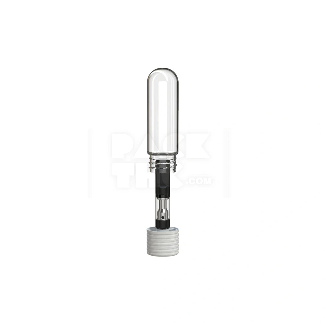 image 65MM SPIRAL CR CARTRIDGE CONTAINER, ROUND TOP WITH 510-THREAD & TAMPER EVIDENT BREAK-OFF BAND (CLEAR NATURAL CONTAINER WITH OPAQUE WHITE CLOSURE) - (400 count) Pack THC
