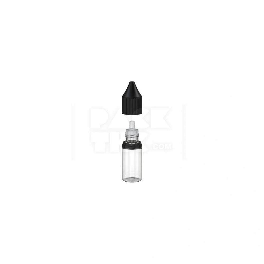 10ML PET REDUCER UNICORN BOTTLE WITH CR & TAMPER EVIDENT BREAK-OFF BAND (CLEAR NATURAL BOTTLE WITH OPAQUE BLACK CLOSURE) - (2000 count) Pack THC