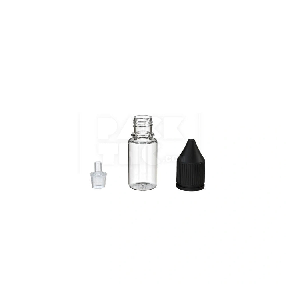 10ML PET REDUCER UNICORN BOTTLE WITH CR & TAMPER EVIDENT BREAK-OFF BAND (CLEAR NATURAL BOTTLE WITH OPAQUE BLACK CLOSURE) - (2000 count) Pack THC