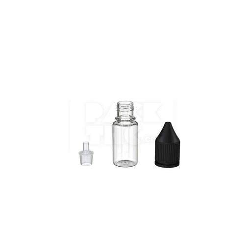 10ML PET REDUCER UNICORN BOTTLE WITH CR & TAMPER EVIDENT BREAK-OFF BAND (CLEAR NATURAL BOTTLE WITH OPAQUE BLACK CLOSURE) - (2000 count) Pack THC