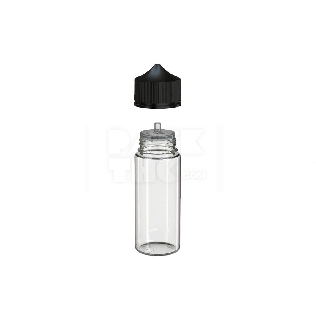 image 120ML PET REDUCER UNICORN BOTTLE WITH TAMPER EVIDENT BREAK-OFF BAND (CLEAR NATURAL BOTTLE WITH OPAQUE BLACK CLOSURE) - (400 count) Pack THC