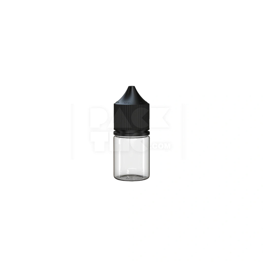 20ML STUBBY PET UNICORN BOTTLE WITH CR & TAMPER EVIDENT BREAK-OFF BAND (CLEAR NATURAL BOTTLE WITH OPAQUE BLACK CLOSURE) - (1000 count) Pack THC