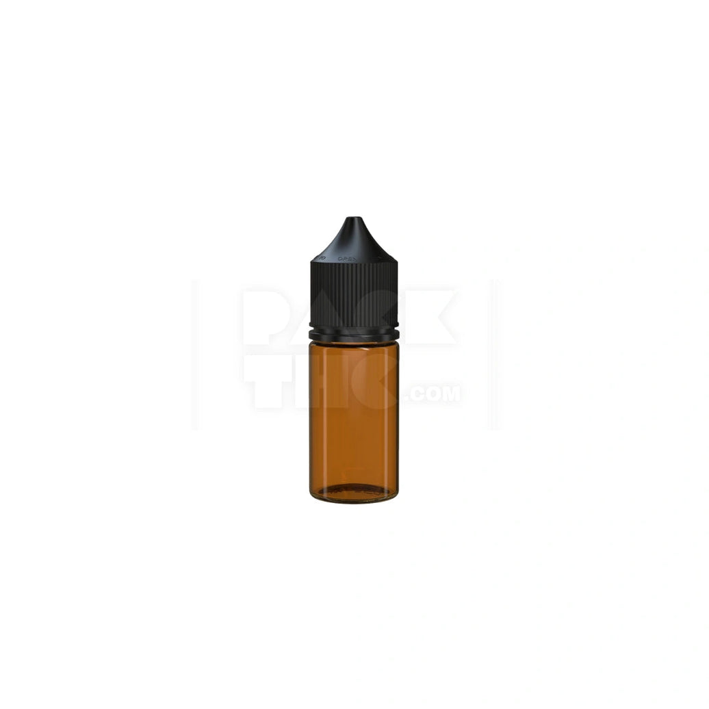 30ML STUBBY PET UNICORN BOTTLE WITH CR & TAMPER EVIDENT BREAK-OFF BAND (TRANSLUCENT AMBER BOTTLE WITH OPAQUE BLACK CLOSURE) - (1000 count) Pack THC