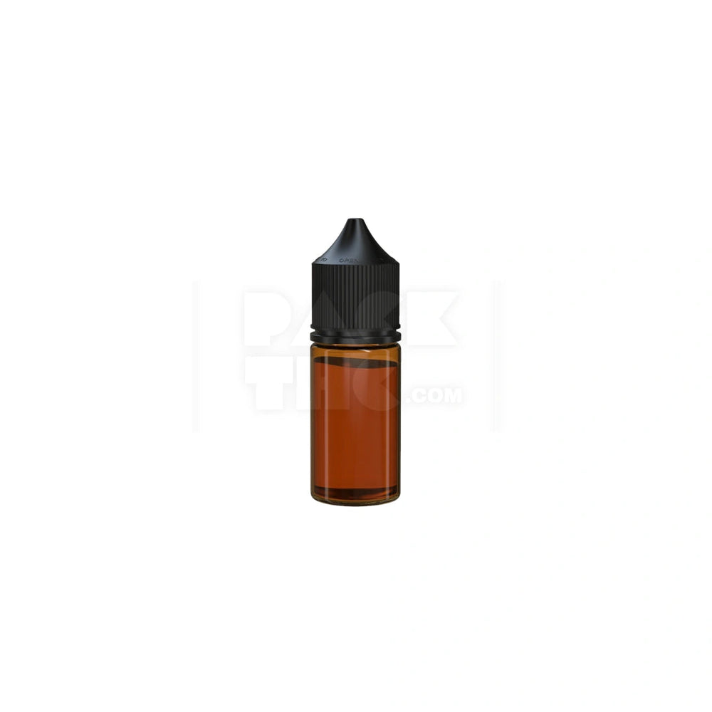 30ML STUBBY PET UNICORN BOTTLE WITH CR & TAMPER EVIDENT BREAK-OFF BAND (TRANSLUCENT AMBER BOTTLE WITH OPAQUE BLACK CLOSURE) - (1000 count) Pack THC