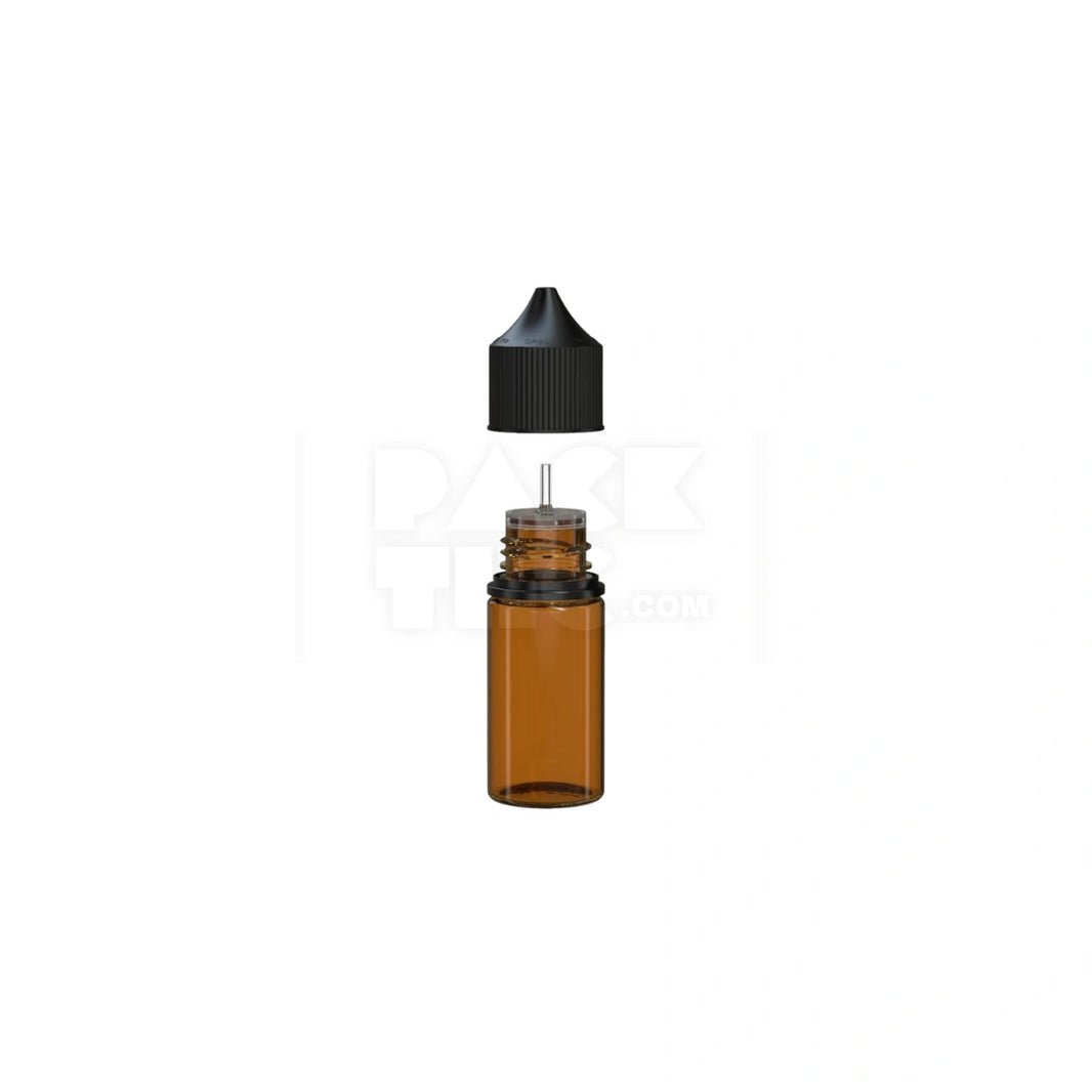 image 30ML STUBBY PET UNICORN BOTTLE WITH CR & TAMPER EVIDENT BREAK-OFF BAND (TRANSLUCENT AMBER BOTTLE WITH OPAQUE BLACK CLOSURE) - (1000 count) Pack THC