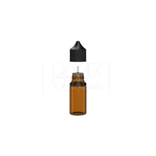 30ML STUBBY PET UNICORN BOTTLE WITH CR & TAMPER EVIDENT BREAK-OFF BAND (TRANSLUCENT AMBER BOTTLE WITH OPAQUE BLACK CLOSURE) - (1000 count) Pack THC
