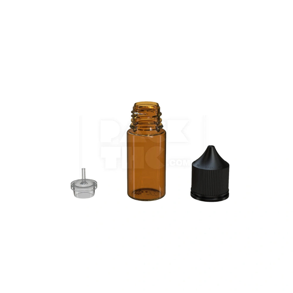 30ML STUBBY PET UNICORN BOTTLE WITH CR & TAMPER EVIDENT BREAK-OFF BAND (TRANSLUCENT AMBER BOTTLE WITH OPAQUE BLACK CLOSURE) - (1000 count) Pack THC