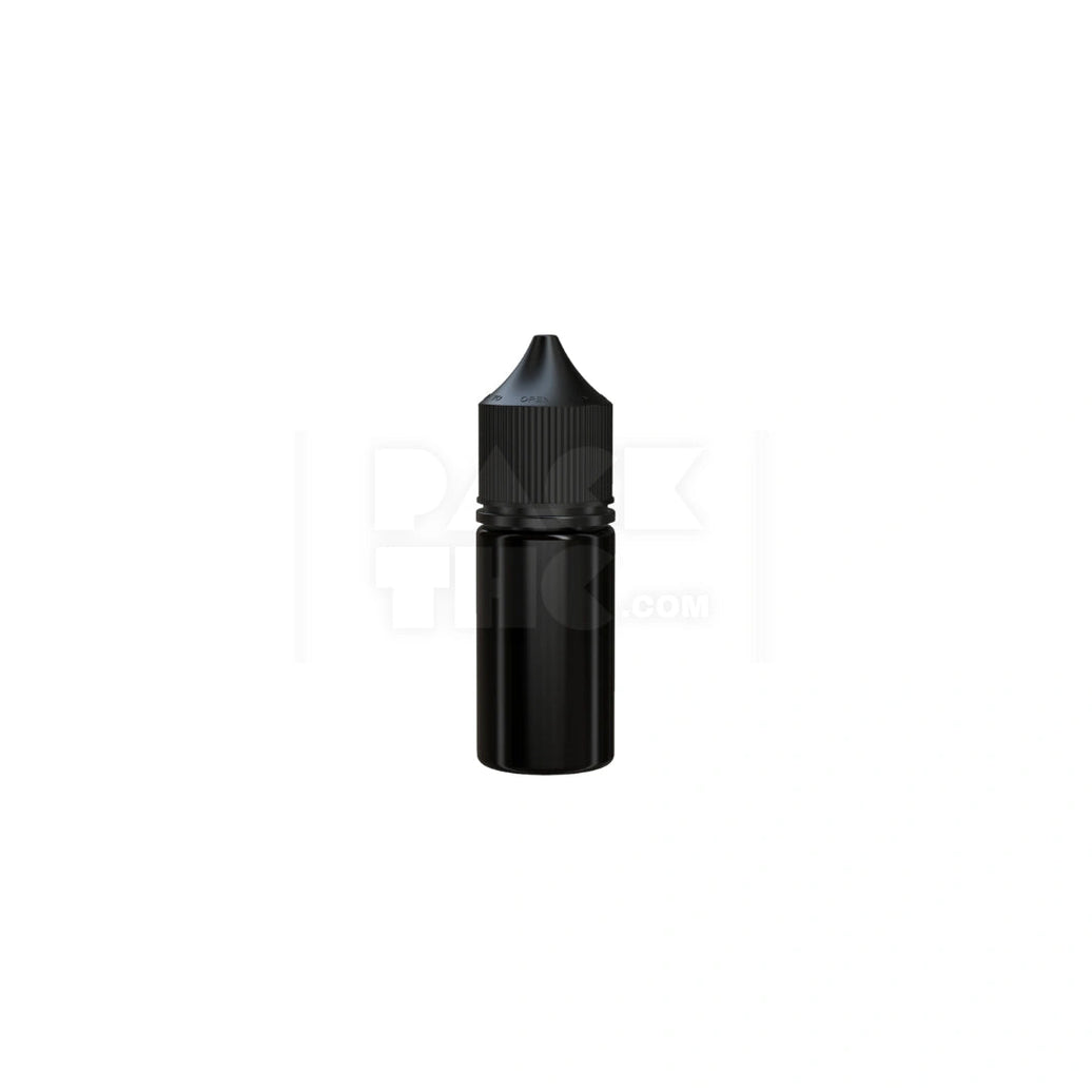 30ML STUBBY PET UNICORN BOTTLE WITH CR & TAMPER EVIDENT BREAK-OFF BAND (OPAQUE BLACK BOTTLE WITH OPAQUE BLACK CLOSURE) - (1000 count) Pack THC