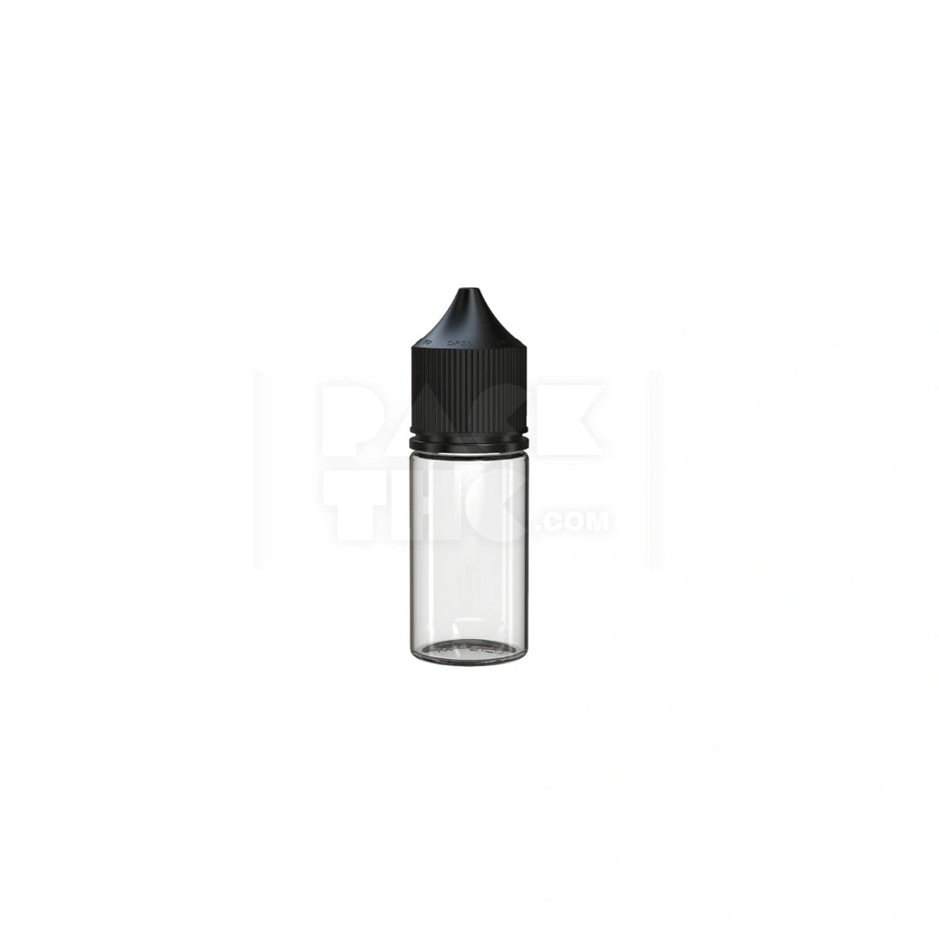 30ML STUBBY PET UNICORN BOTTLE WITH CR & TAMPER EVIDENT BREAK-OFF BAND (CLEAR NATURAL BOTTLE WITH OPAQUE BLACK CLOSURE) - (1000 count) Pack THC