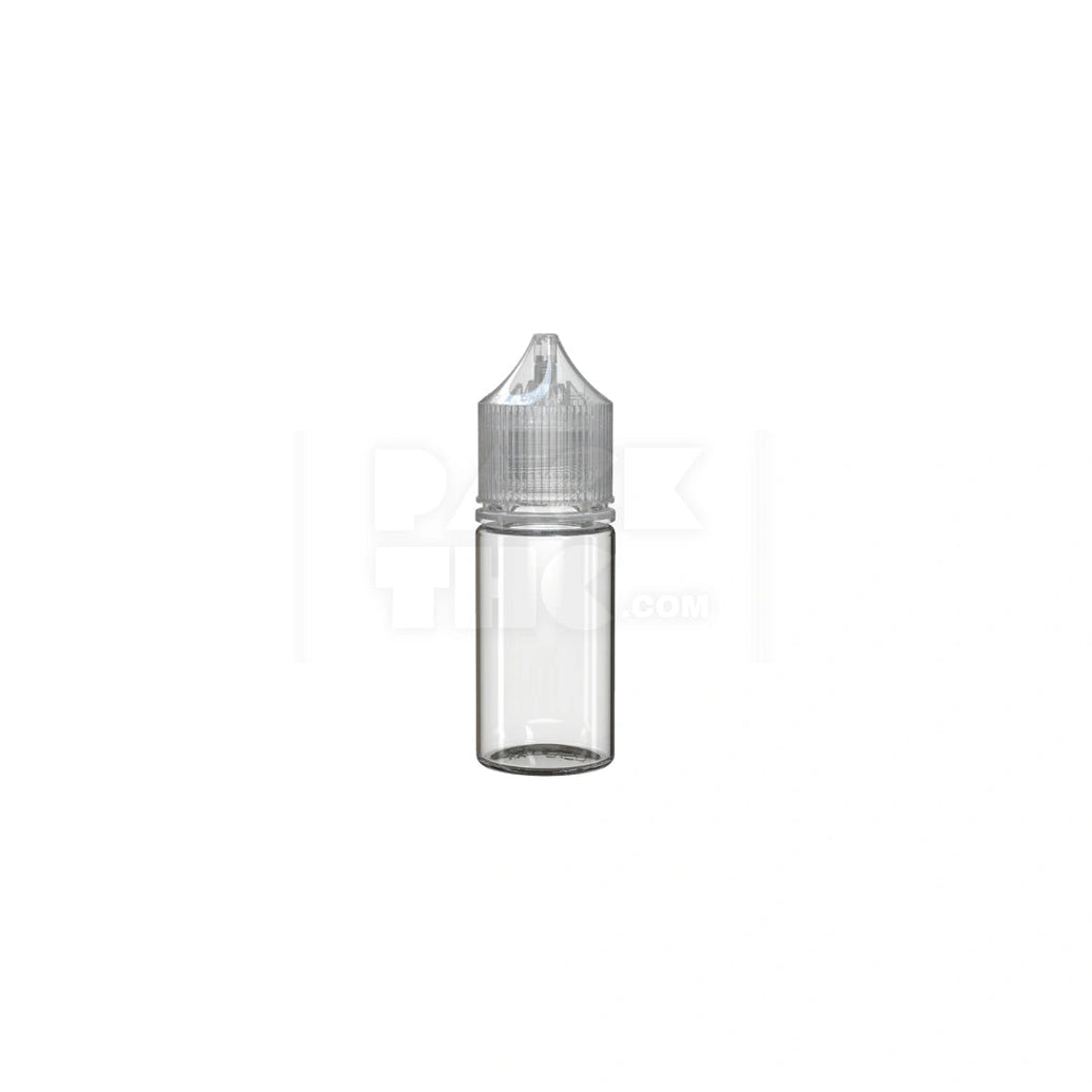 30ML STUBBY PET UNICORN BOTTLE WITH CR & TAMPER EVIDENT BREAK-OFF BAND (CLEAR NATURAL BOTTLE WITH CLEAR NATURAL CLOSURE) - (1000 count) Pack THC