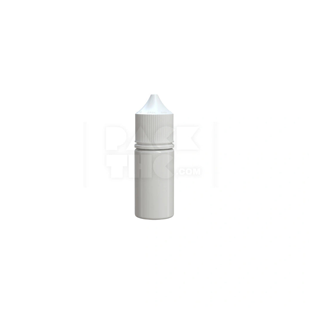 30ML STUBBY PET UNICORN BOTTLE WITH CR & TAMPER EVIDENT BREAK-OFF BAND (OPAQUE WHITE BOTTLE WITH OPAQUE WHITE CLOSURE) - (1000 count) Pack THC