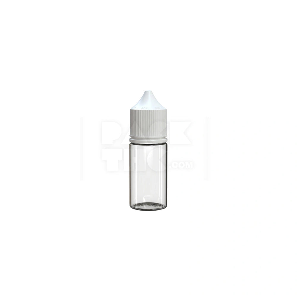 30ML STUBBY PET UNICORN BOTTLE WITH CR & TAMPER EVIDENT BREAK-OFF BAND (CLEAR NATURAL BOTTLE WITH OPAQUE WHITE CLOSURE) - (1000 count) Pack THC