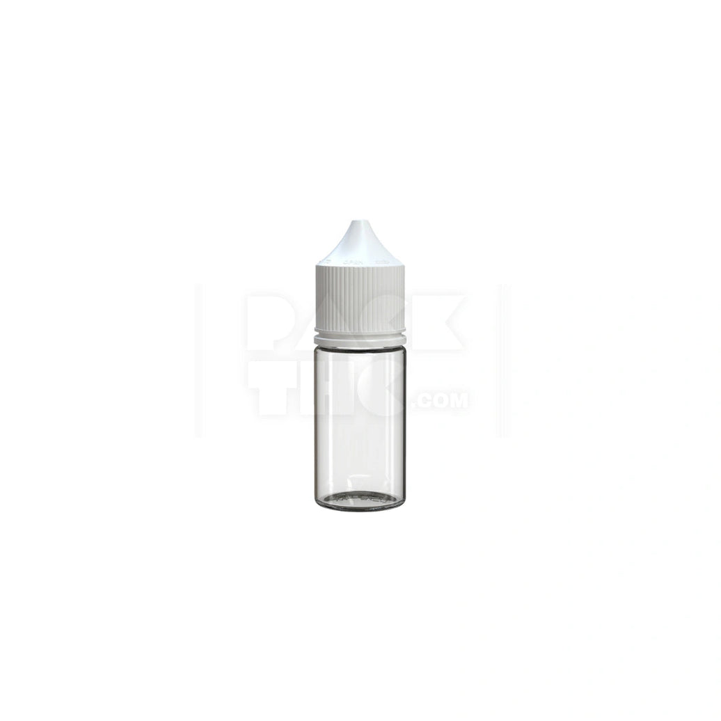 30ML STUBBY PET UNICORN BOTTLE WITH CR & TAMPER EVIDENT BREAK-OFF BAND (CLEAR NATURAL BOTTLE WITH OPAQUE WHITE CLOSURE) - (1000 count) Pack THC