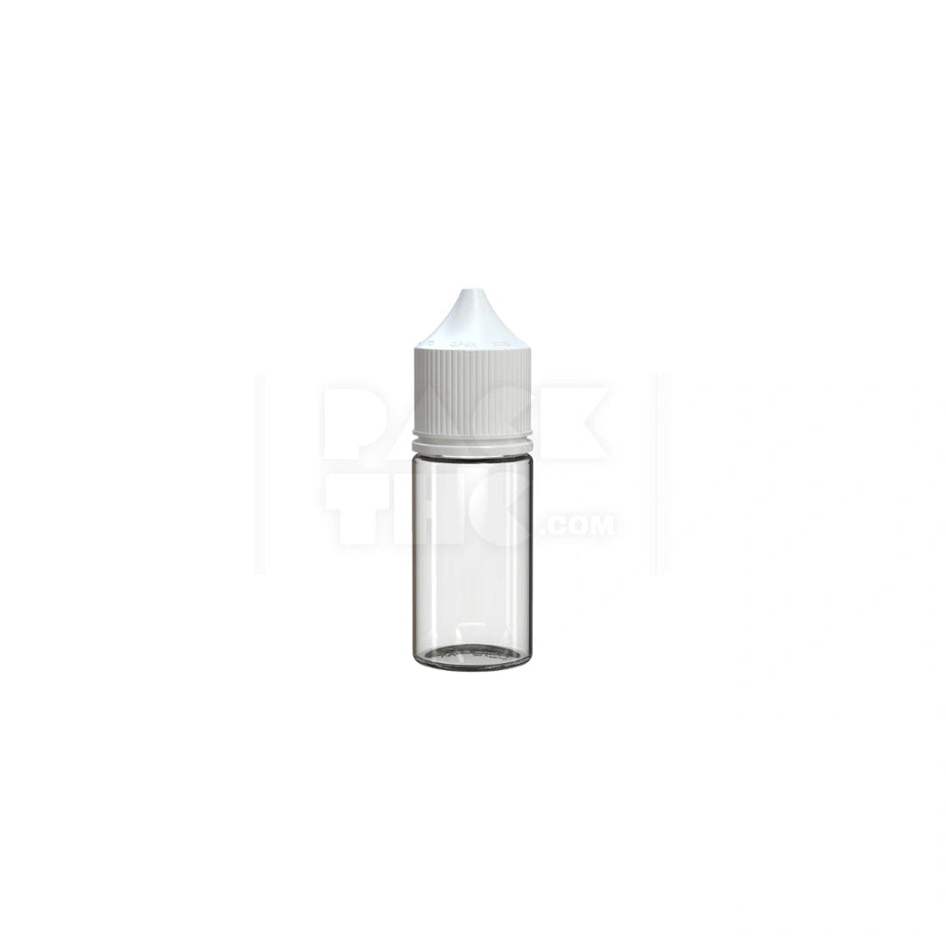 30ML STUBBY PET UNICORN BOTTLE WITH CR & TAMPER EVIDENT BREAK-OFF BAND (CLEAR NATURAL BOTTLE WITH OPAQUE WHITE CLOSURE) - (1000 count) Pack THC