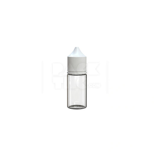 30ML STUBBY PET UNICORN BOTTLE WITH CR & TAMPER EVIDENT BREAK-OFF BAND (CLEAR NATURAL BOTTLE WITH OPAQUE WHITE CLOSURE) - (1000 count) Pack THC