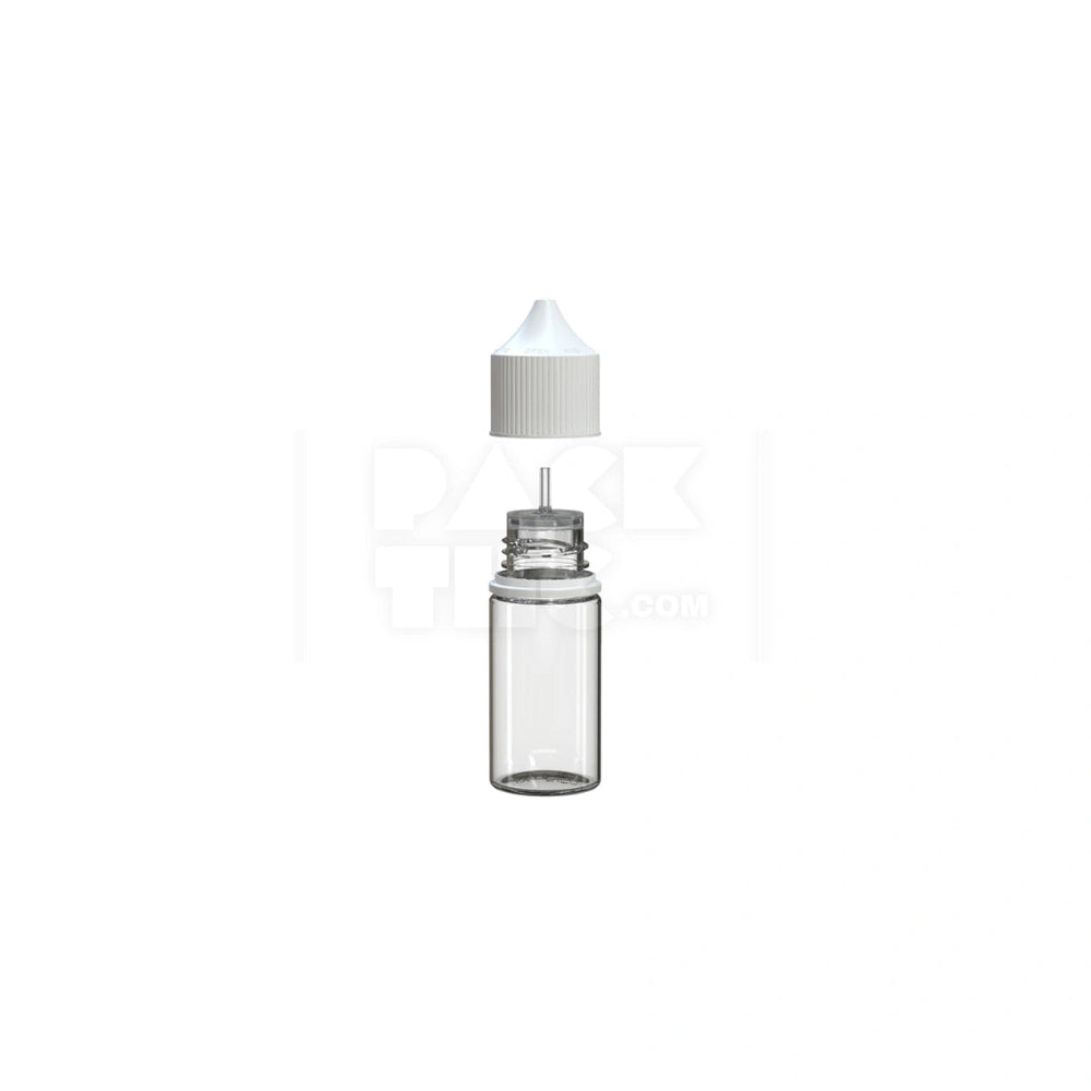 30ML STUBBY PET UNICORN BOTTLE WITH CR & TAMPER EVIDENT BREAK-OFF BAND (CLEAR NATURAL BOTTLE WITH OPAQUE WHITE CLOSURE) - (1000 count) Pack THC