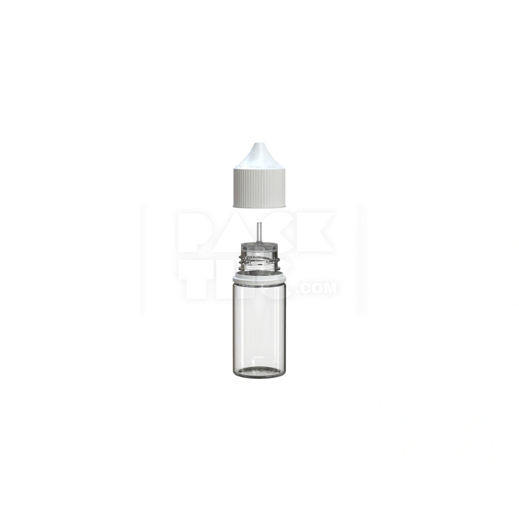 image 30ML STUBBY PET UNICORN BOTTLE WITH CR & TAMPER EVIDENT BREAK-OFF BAND (CLEAR NATURAL BOTTLE WITH OPAQUE WHITE CLOSURE) - (1000 count) Pack THC