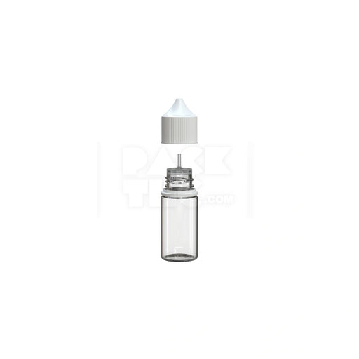 30ML STUBBY PET UNICORN BOTTLE WITH CR & TAMPER EVIDENT BREAK-OFF BAND (CLEAR NATURAL BOTTLE WITH OPAQUE WHITE CLOSURE) - (1000 count) Pack THC