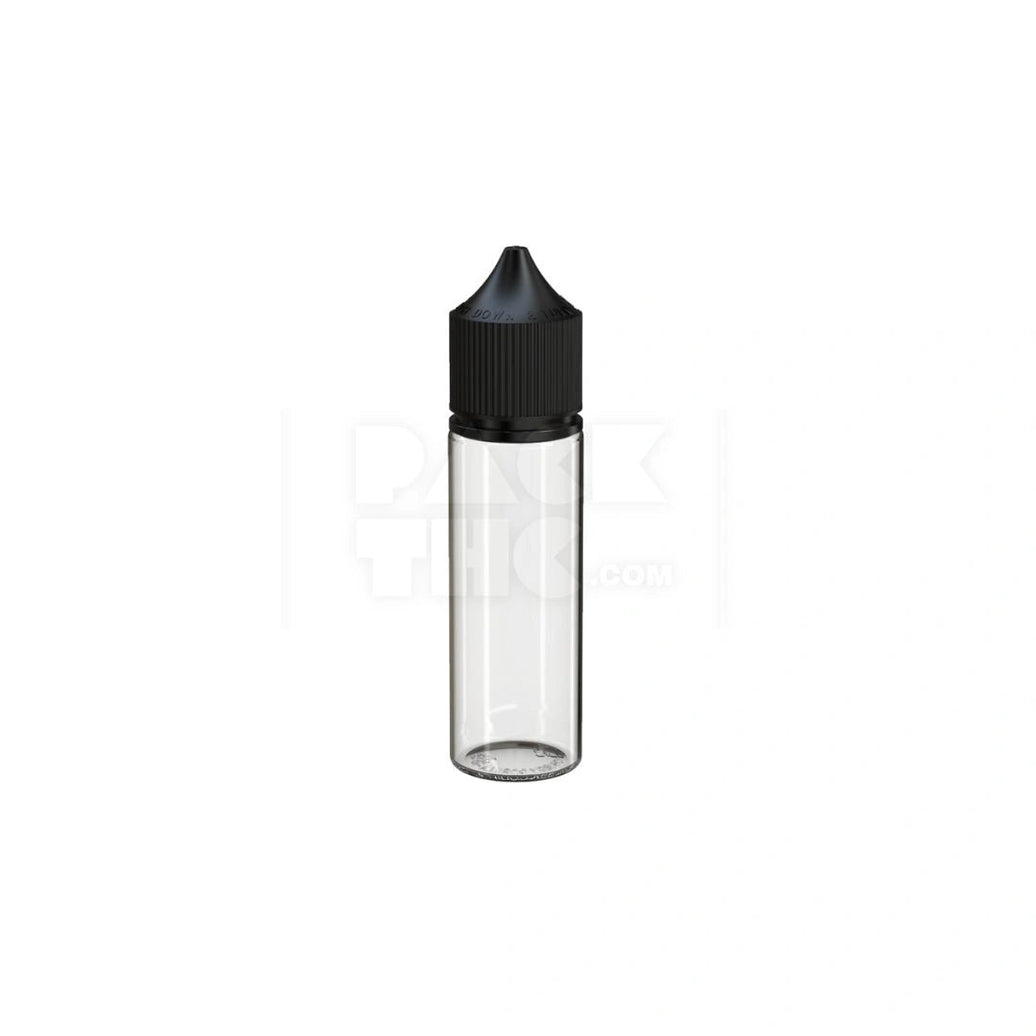50ML PET REDUCER UNICORN BOTTLE WITH TAMPER EVIDENT BREAK-OFF BAND (CLEAR NATURAL BOTTLE WITH OPAQUE BLACK CLOSURE) - (500 count) Pack THC