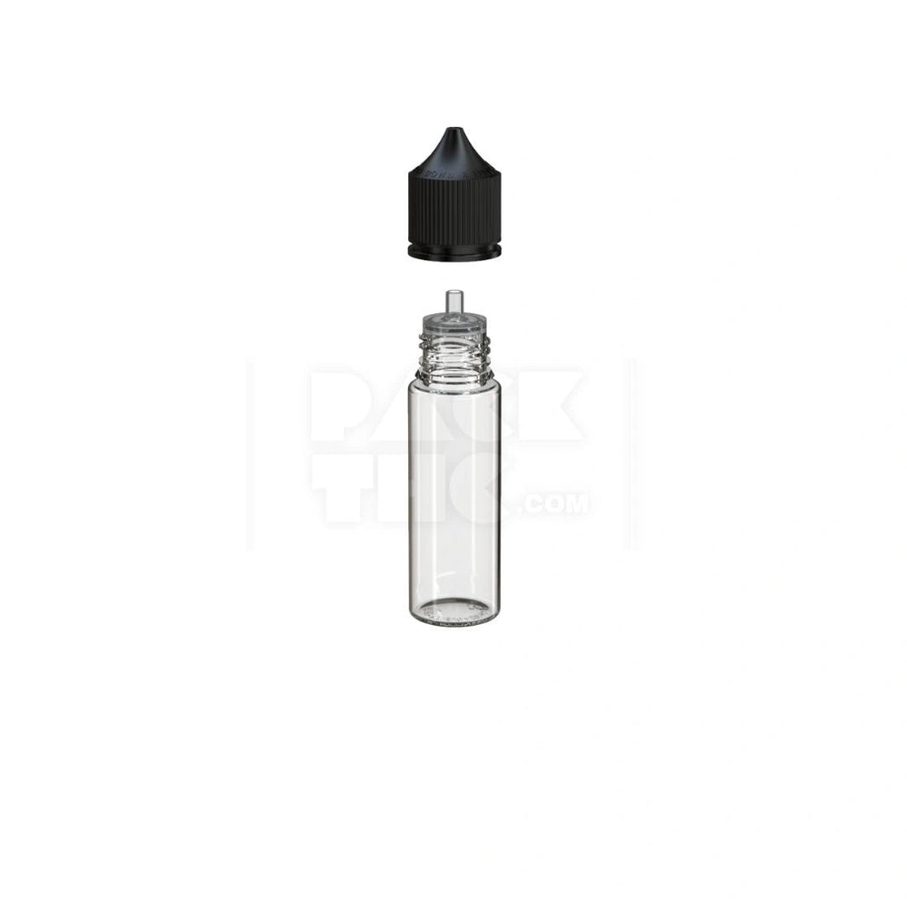 50ML PET REDUCER UNICORN BOTTLE WITH TAMPER EVIDENT BREAK-OFF BAND (CLEAR NATURAL BOTTLE WITH OPAQUE BLACK CLOSURE) - (500 count) Pack THC