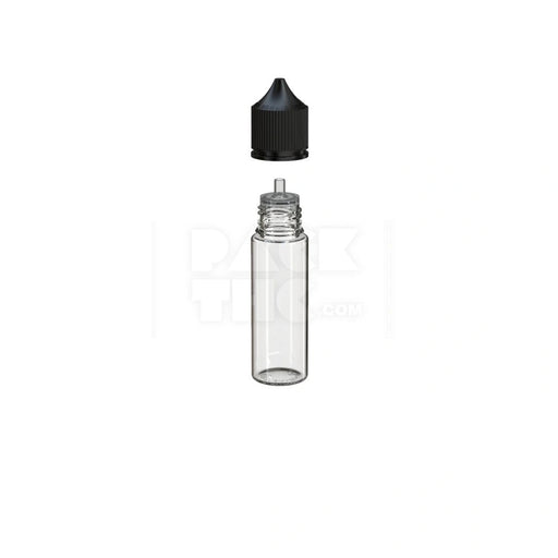 50ML PET REDUCER UNICORN BOTTLE WITH TAMPER EVIDENT BREAK-OFF BAND (CLEAR NATURAL BOTTLE WITH OPAQUE BLACK CLOSURE) - (500 count) Pack THC