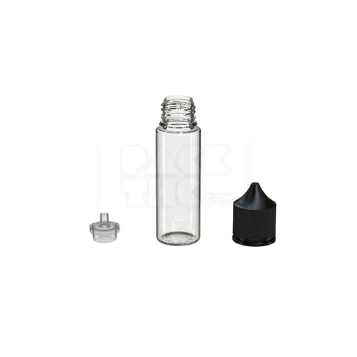 50ML PET REDUCER UNICORN BOTTLE WITH TAMPER EVIDENT BREAK-OFF BAND (CLEAR NATURAL BOTTLE WITH OPAQUE BLACK CLOSURE) - (500 count) Pack THC