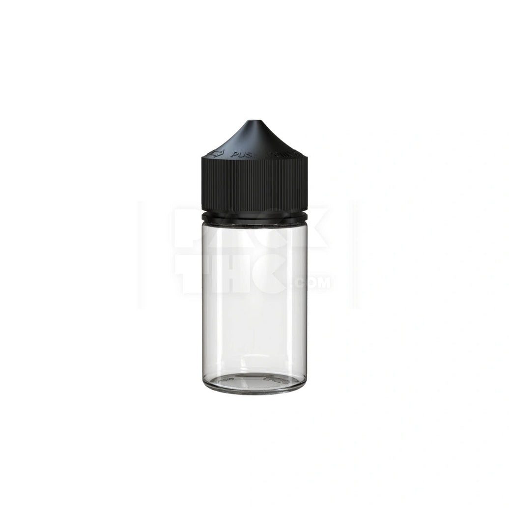 60ML MINI PET UNICORN BOTTLE WITH CR & TAMPER EVIDENT BREAK-OFF BAND (CLEAR NATURAL BOTTLE WITH OPAQUE BLACK CLOSURE) - (500 count) Pack THC