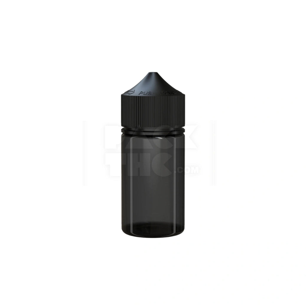 60ML MINI PET UNICORN BOTTLE WITH CR & TAMPER EVIDENT BREAK-OFF BAND (TRANSLUCENT BLACK BOTTLE WITH OPAQUE BLACK CLOSURE) - (500 count) Pack THC