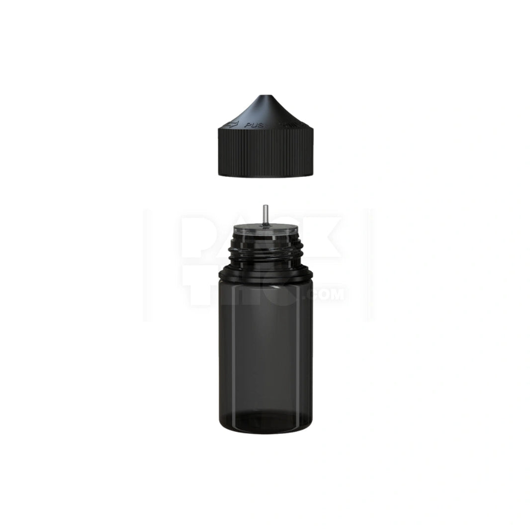 image 60ML MINI PET UNICORN BOTTLE WITH CR & TAMPER EVIDENT BREAK-OFF BAND (TRANSLUCENT BLACK BOTTLE WITH OPAQUE BLACK CLOSURE) - (500 count) Pack THC