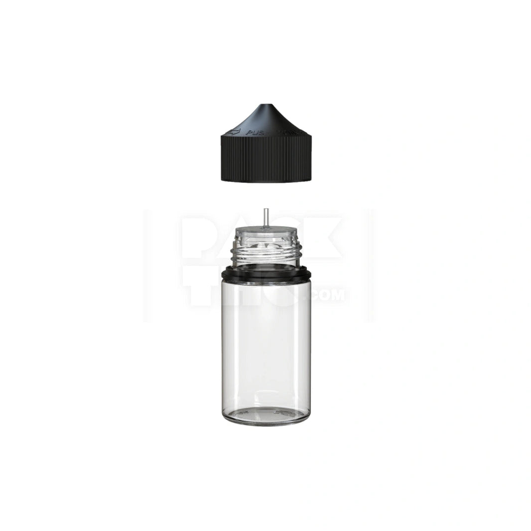 image 60ML MINI PET UNICORN BOTTLE WITH CR & TAMPER EVIDENT BREAK-OFF BAND (CLEAR NATURAL BOTTLE WITH OPAQUE BLACK CLOSURE) - (500 count) Pack THC