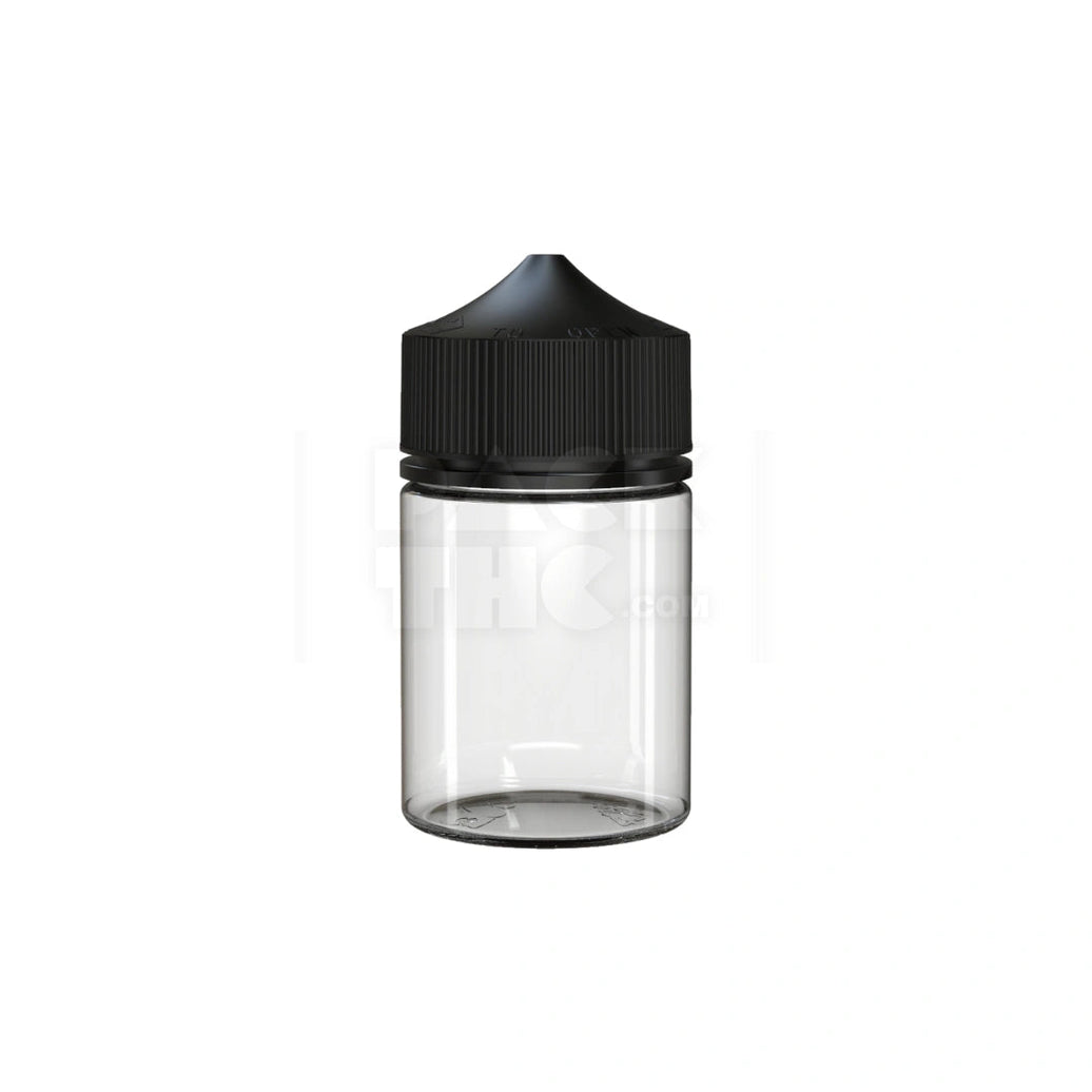 60ML STUBBY PET UNICORN BOTTLE WITH CR & TAMPER EVIDENT BREAK-OFF BAND (CLEAR NATURAL BOTTLE WITH OPAQUE BLACK CLOSURE) - (500 count) Pack THC