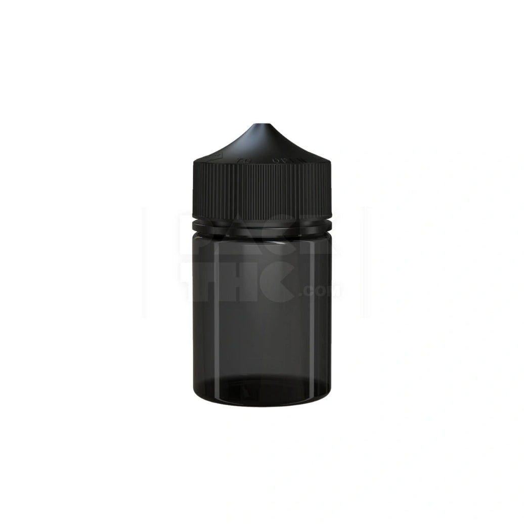 60ML STUBBY PET UNICORN BOTTLE WITH CR & TAMPER EVIDENT BREAK-OFF BAND (TRANSLUCENT BLACK BOTTLE WITH OPAQUE BLACK CLOSURE) - (500 count) Pack THC