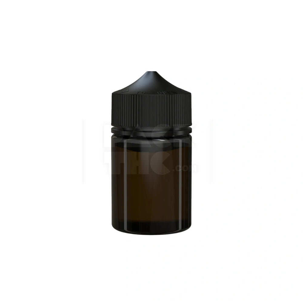 60ML STUBBY PET UNICORN BOTTLE WITH CR & TAMPER EVIDENT BREAK-OFF BAND (TRANSLUCENT BLACK BOTTLE WITH OPAQUE BLACK CLOSURE) - (500 count) Pack THC