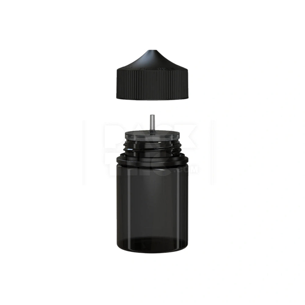 60ML STUBBY PET UNICORN BOTTLE WITH CR & TAMPER EVIDENT BREAK-OFF BAND (TRANSLUCENT BLACK BOTTLE WITH OPAQUE BLACK CLOSURE) - (500 count) Pack THC