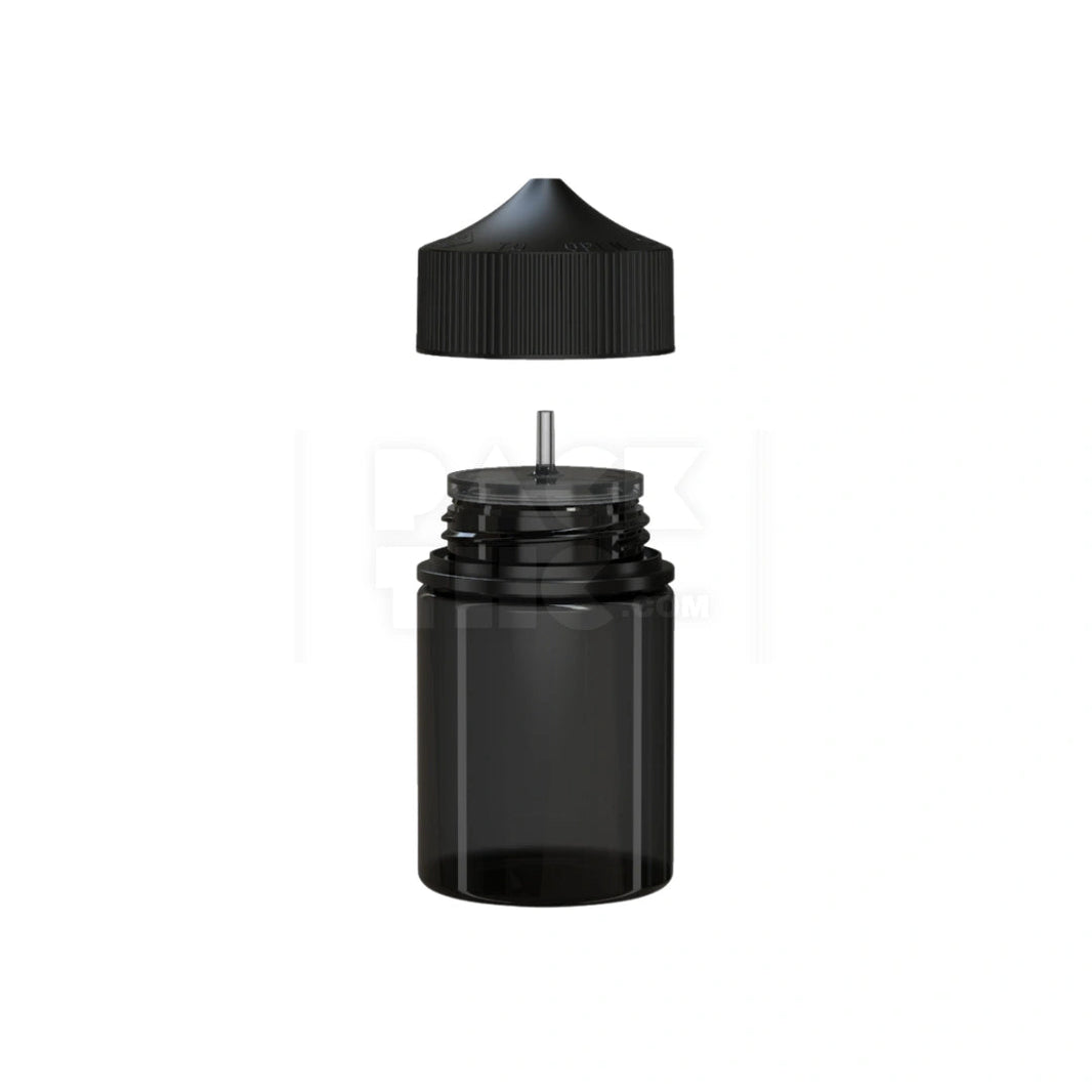 image 60ML STUBBY PET UNICORN BOTTLE WITH CR & TAMPER EVIDENT BREAK-OFF BAND (TRANSLUCENT BLACK BOTTLE WITH OPAQUE BLACK CLOSURE) - (500 count) Pack THC