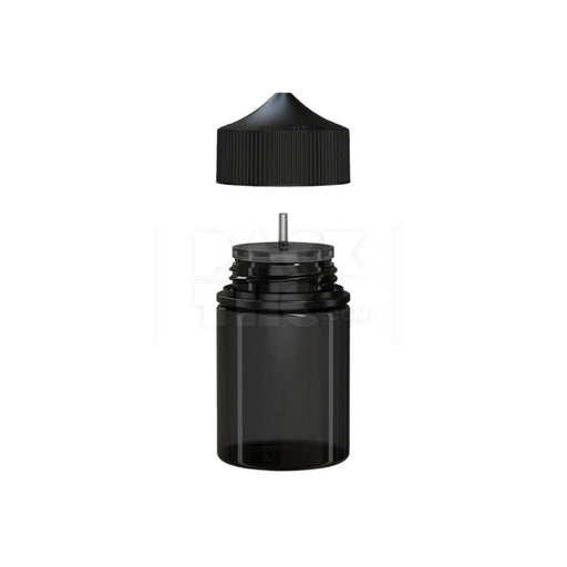 60ML STUBBY PET UNICORN BOTTLE WITH CR & TAMPER EVIDENT BREAK-OFF BAND (TRANSLUCENT BLACK BOTTLE WITH OPAQUE BLACK CLOSURE) - (500 count) Pack THC