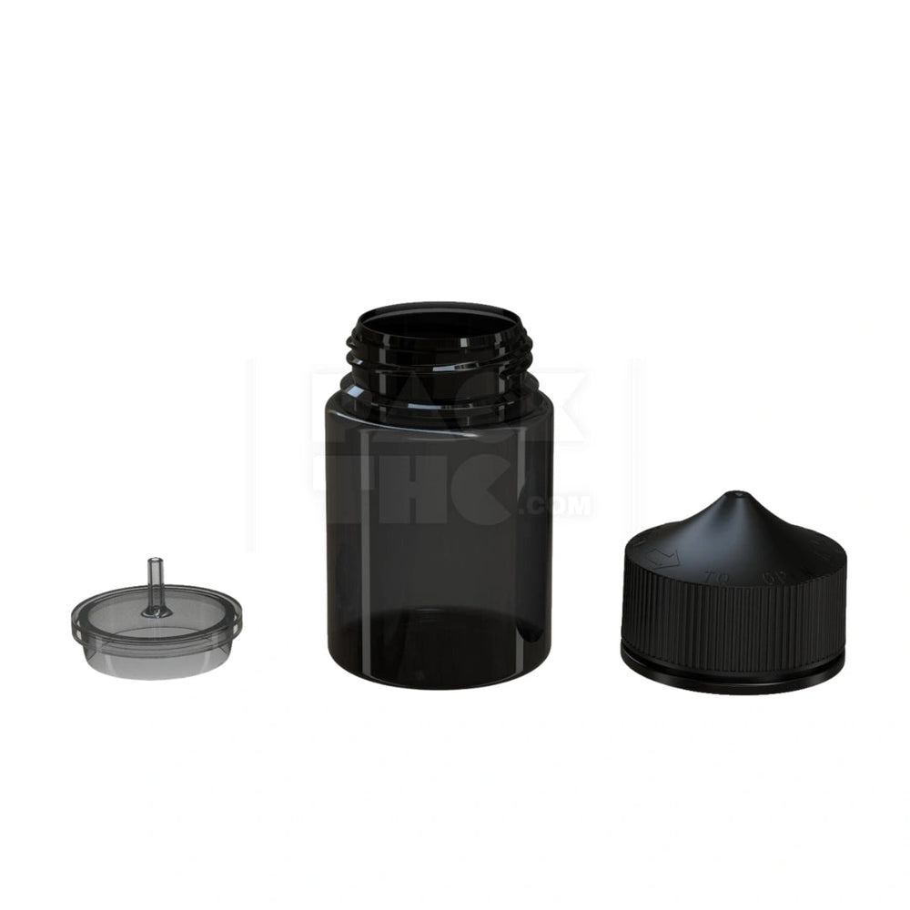 60ML STUBBY PET UNICORN BOTTLE WITH CR & TAMPER EVIDENT BREAK-OFF BAND (TRANSLUCENT BLACK BOTTLE WITH OPAQUE BLACK CLOSURE) - (500 count) Pack THC