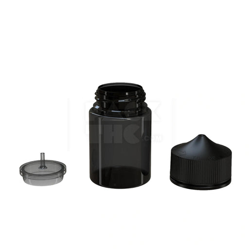 60ML STUBBY PET UNICORN BOTTLE WITH CR & TAMPER EVIDENT BREAK-OFF BAND (TRANSLUCENT BLACK BOTTLE WITH OPAQUE BLACK CLOSURE) - (500 count) Pack THC
