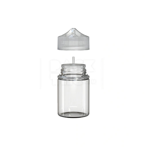 60ML STUBBY PET UNICORN BOTTLE WITH CR & TAMPER EVIDENT BREAK-OFF BAND (CLEAR NATURAL BOTTLE WITH CLEAR NATURAL CLOSURE) - (500 count) Pack THC