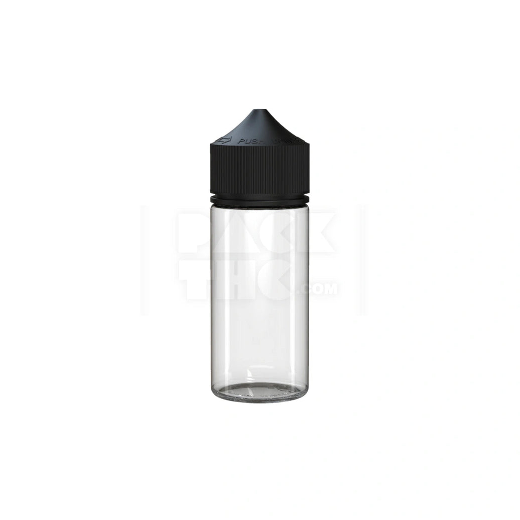 75ML MINI PET UNICORN BOTTLE WITH TAMPER EVIDENT BREAK-OFF BAND (CLEAR NATURAL BOTTLE WITH OPAQUE BLACK CLOSURE) - (400 count) Pack THC